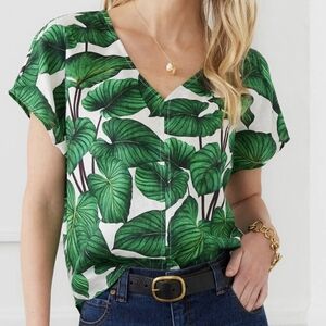 Karen Kane Tropical Leaf Print Linen Blouse Size XL
